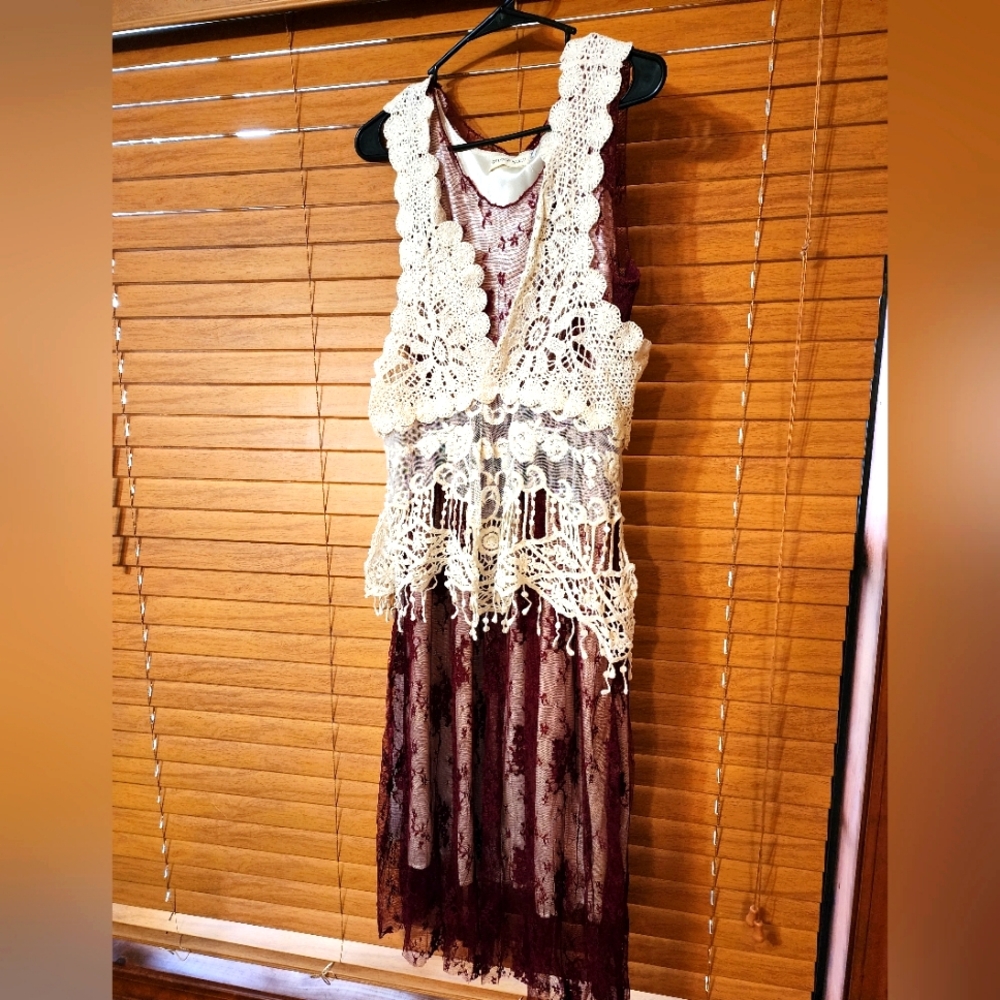 Anna-Kaci vintage style L/XL lace dress with crochet vest